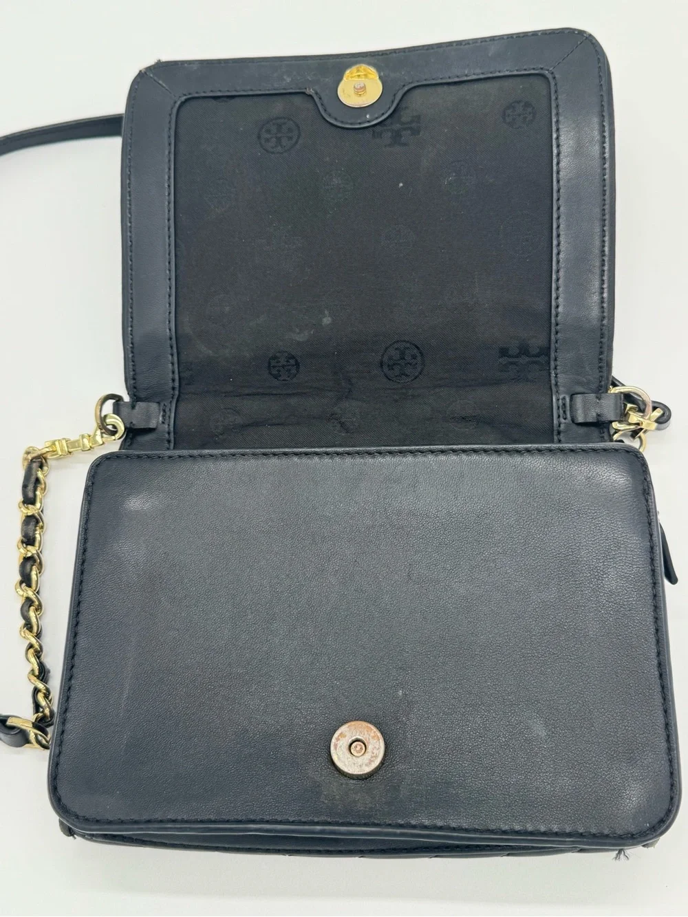 Tory Burch Black Quilted Leather Chevron Crossbody Shoulder Bag Gold Chain